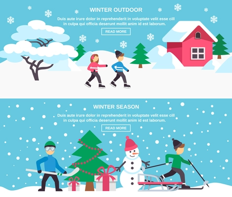 Winter holidays new year outdoor celebration with presents under christmas tree 2 flat banners design vector illustration