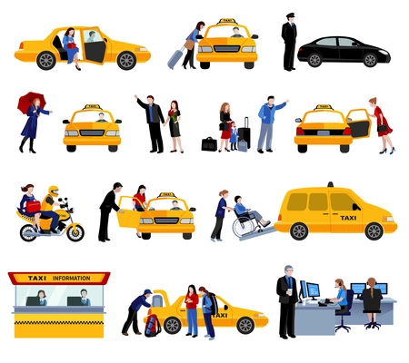 Taxi service icons set with people using taxi and taxi system elements flat isolated vector illustration