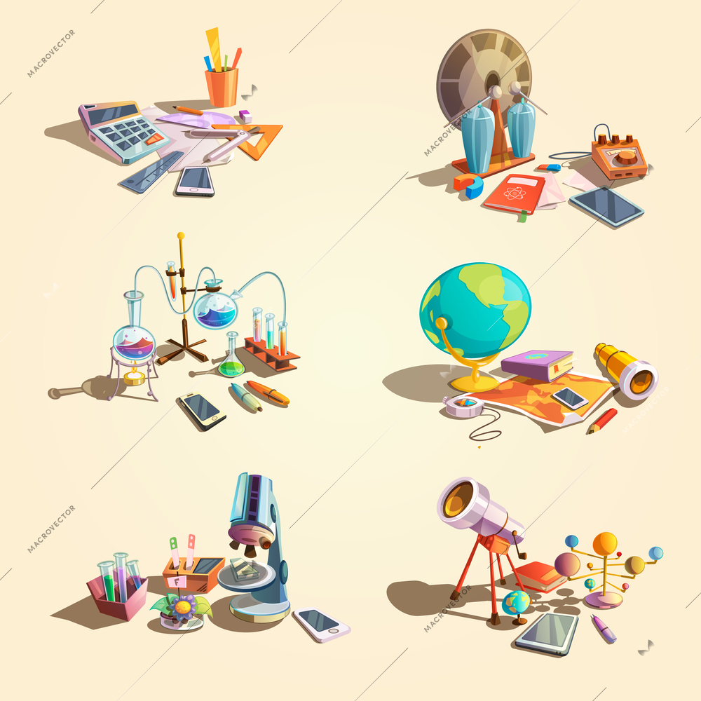 Science retro concept set with cartoon education objects isolated vector illustration