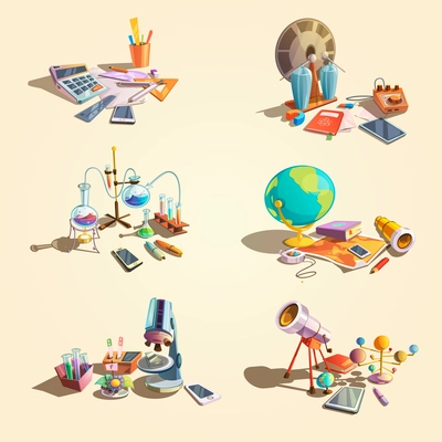 Science retro concept set with cartoon education objects isolated vector illustration