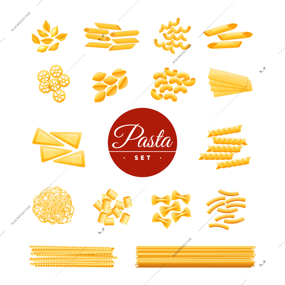 Italian traditional cuisine dry pasta varieties icons collection of spaghetti macaroni and penne realistic isolated vector illustration