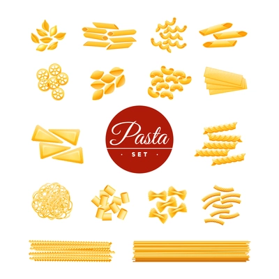 Italian traditional cuisine dry pasta varieties icons collection of spaghetti macaroni and penne realistic isolated vector illustration