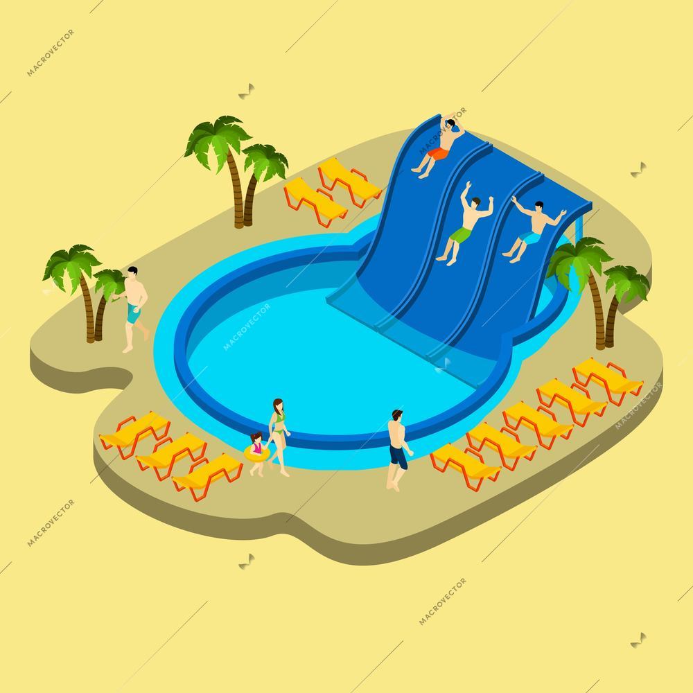 Water park and swimming with palms and chaise lounges on yellow background isometric vector illustration