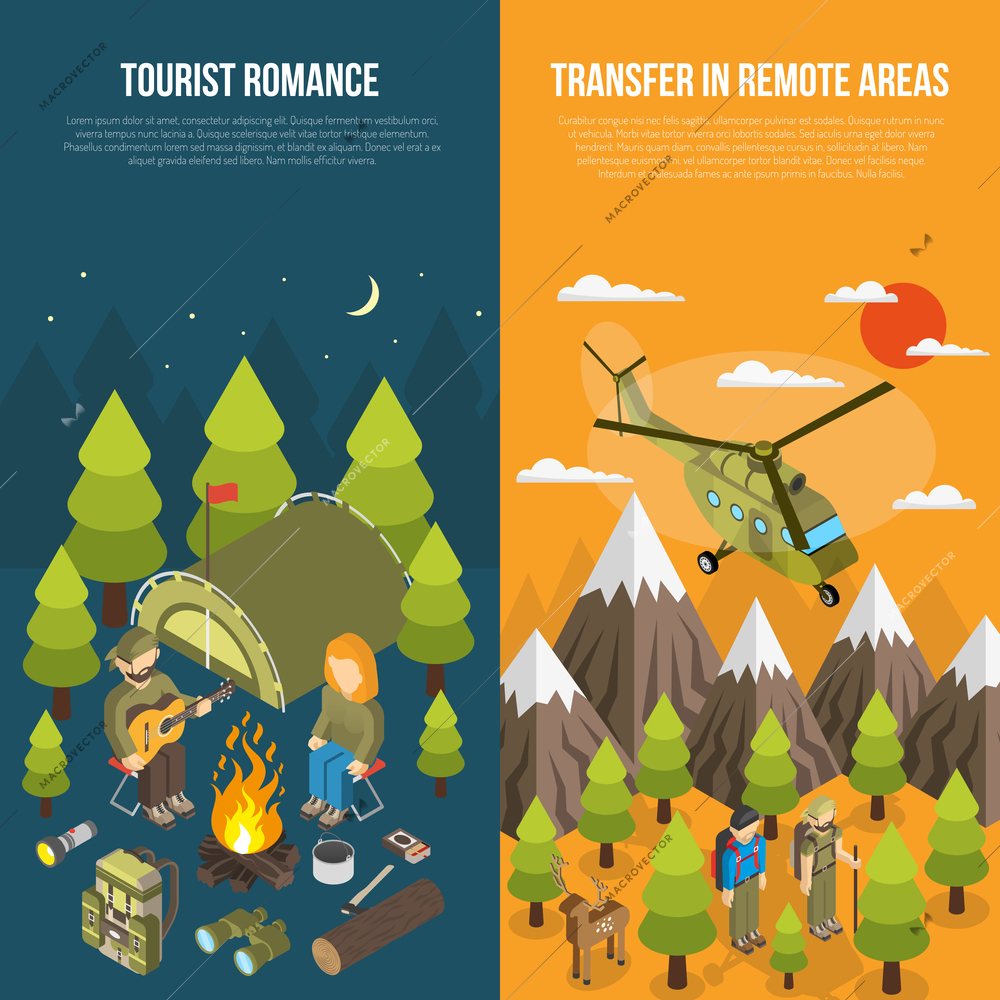 Hiking banner with tourists and equipment include backpack axe compass helicopter tent binoculars bonfire vector illustration
