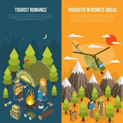 Hiking banner with tourists and equipment include backpack axe compass helicopter tent binoculars bonfire vector illustration