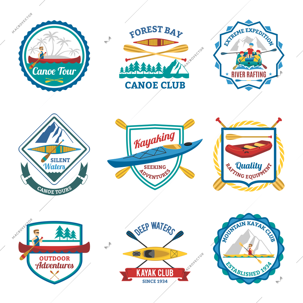 Canoe and kayak mountain sport clubs flat emblems and river rafting  labels collection abstract isolated vector illustration