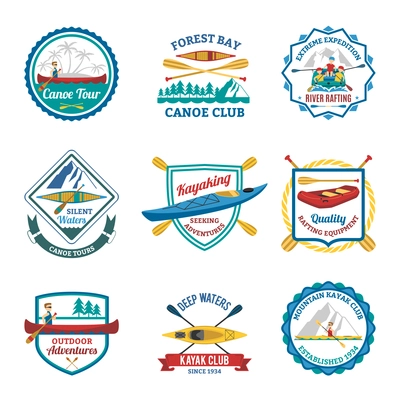 Canoe and kayak mountain sport clubs flat emblems and river rafting  labels collection abstract isolated vector illustration