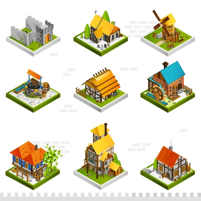 Medieval isometric buildings collection with ancient citadel houses on stilts mill and well isolated vector illustration