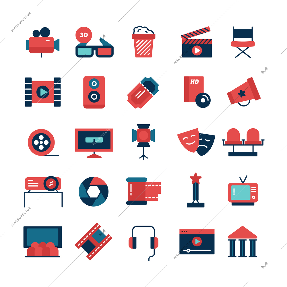 Flat color set of movie icons and cinema symbols with camcorder TV screen 3D glasses and filming attributes isolated vector illustration