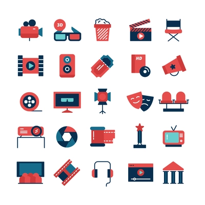 Flat color set of movie icons and cinema symbols with camcorder TV screen 3D glasses and filming attributes isolated vector illustration