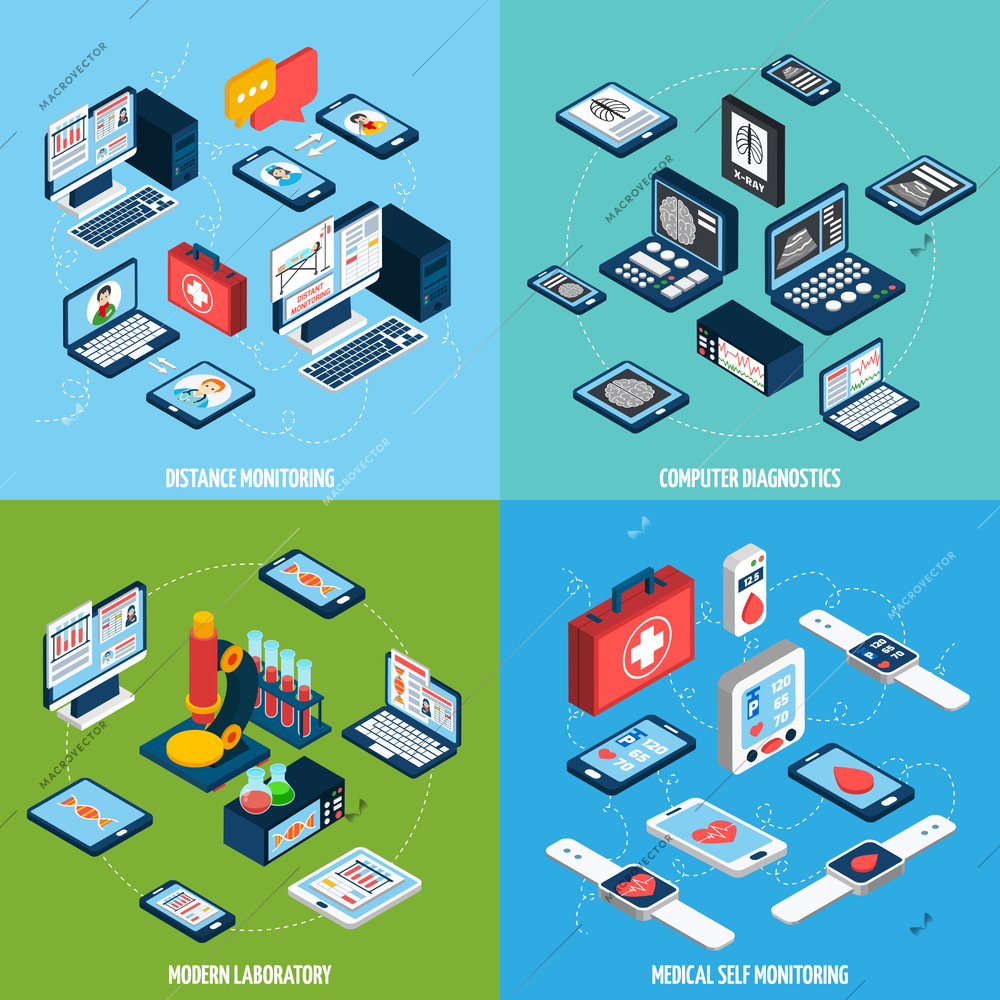 Telemedicine design concept set with isometric health monitoring icons isolated vector illustration
