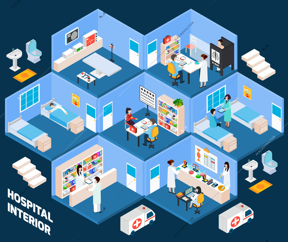 Hospital isometric interior with medical staff and patients vector illustration