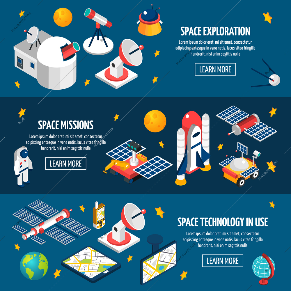 Horizontal banner about space exploration using different equipment with dark background