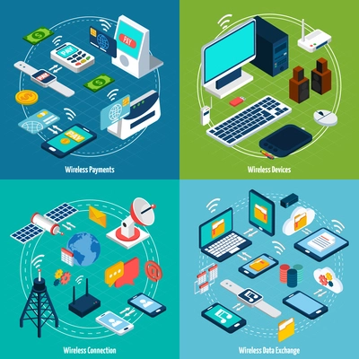 Wireless technologies design concept set with payment and data exchange devices isometric icons isolated vector illustration
