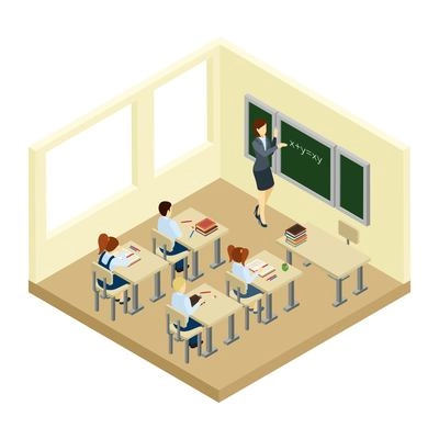 School with boys girls and a teacher in a small classroom isometric vector illustration