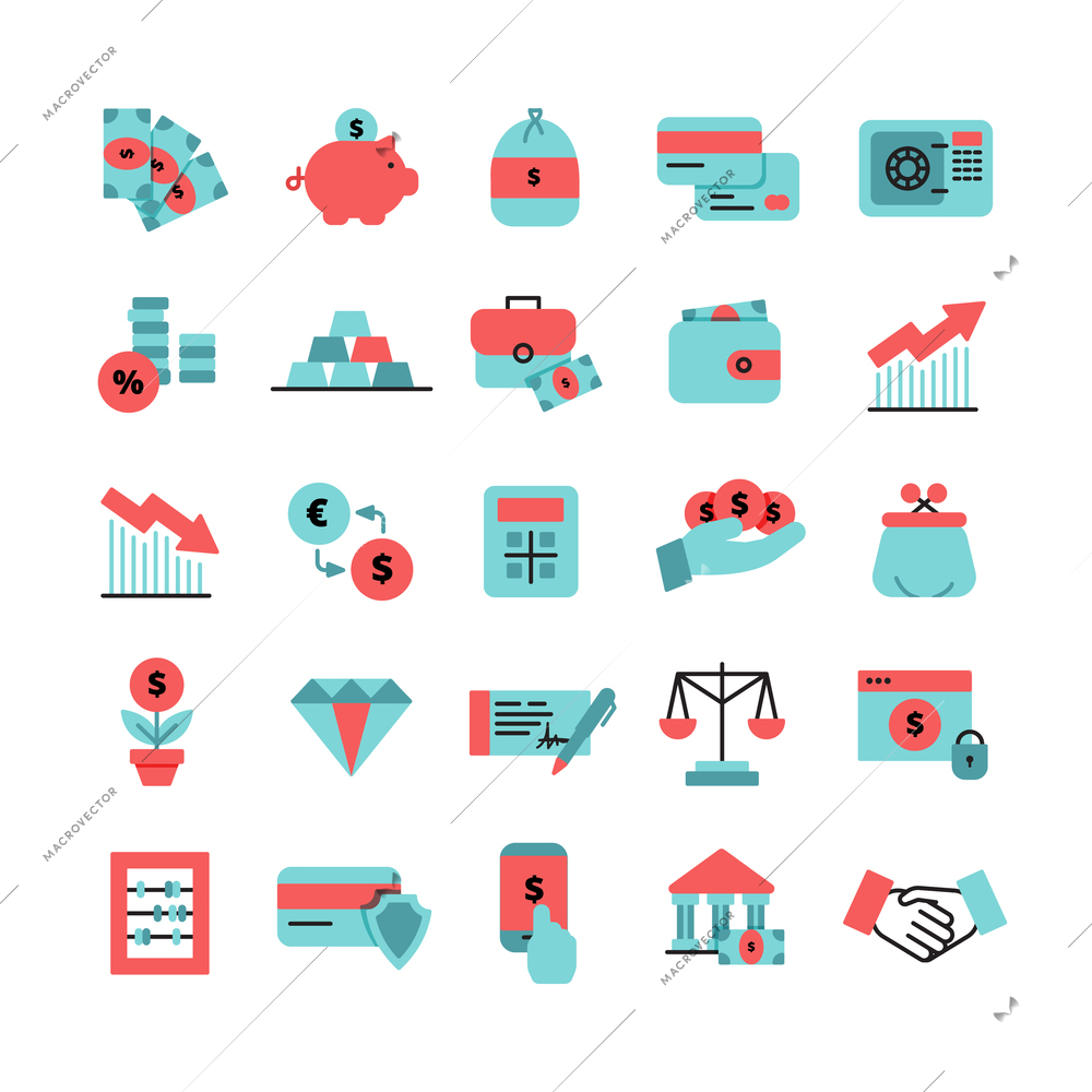 Flat color finance icons set with piggy bank credit cards  bag of money safe pocketbook and dollar sign isolated vector illustration