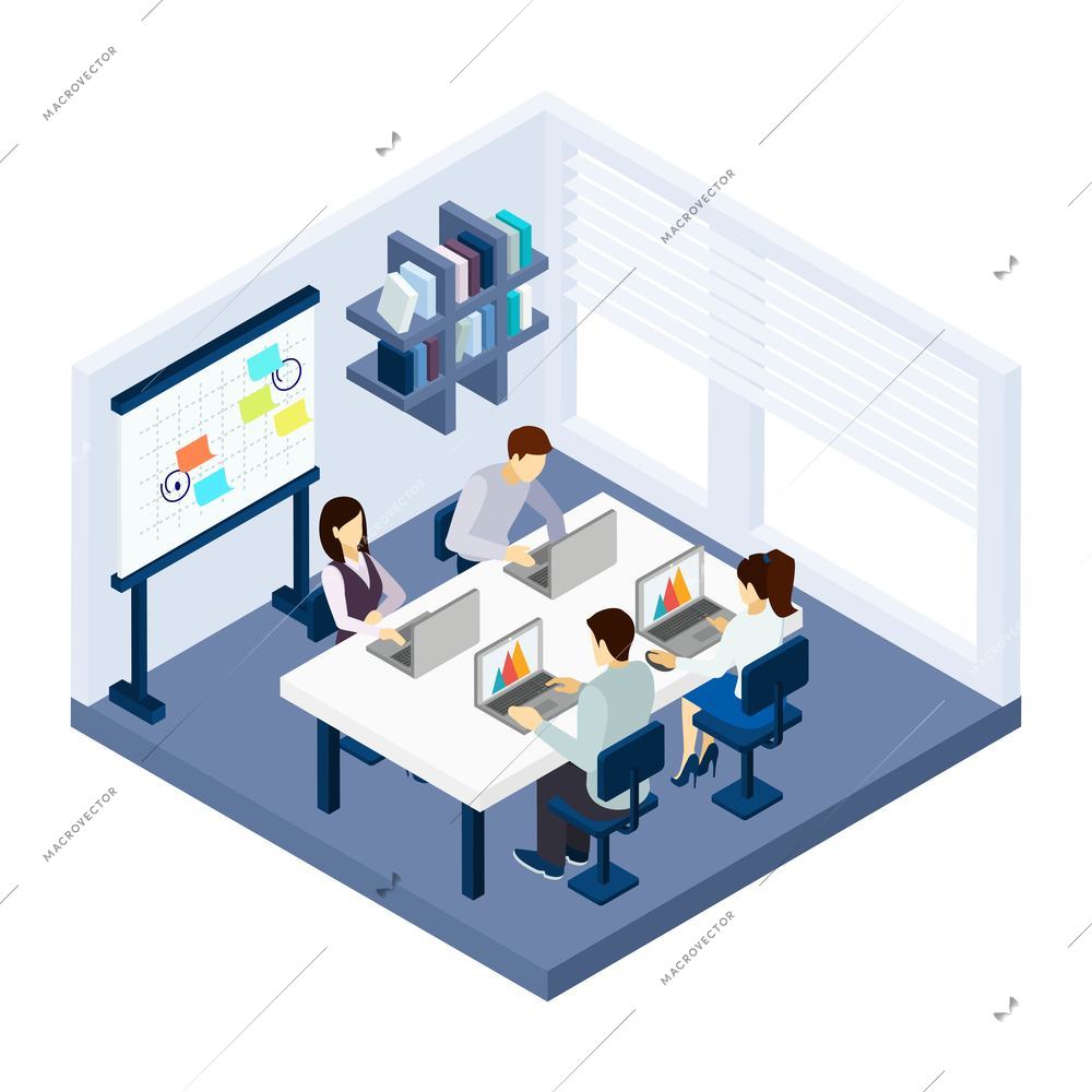 Coworking people in a room with laptop table and chairs isometric vector illustration