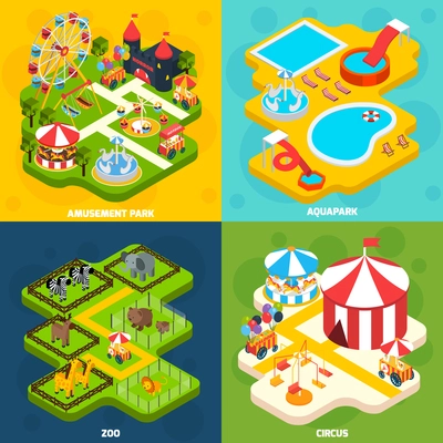 Amusement park with aqua attractions elements 4 isometric vector icons square composition banner abstract isolated vector illustration