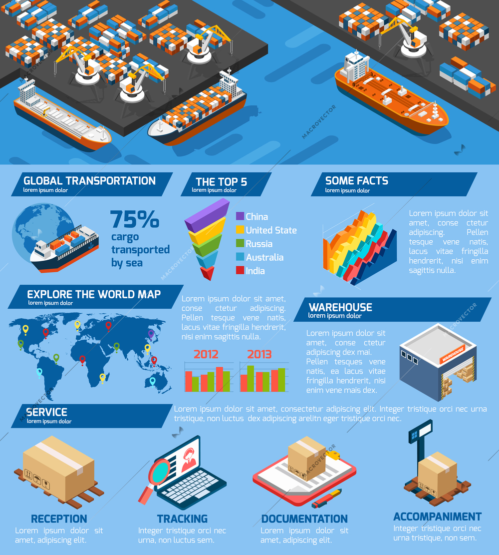 Seaport cargo transportation and storage infographic isometric poster with world top harbors statistics abstract vector illustration