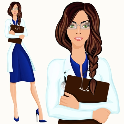 Medical attractive doctor assistant standing in white lab coat with document folder vector illustration