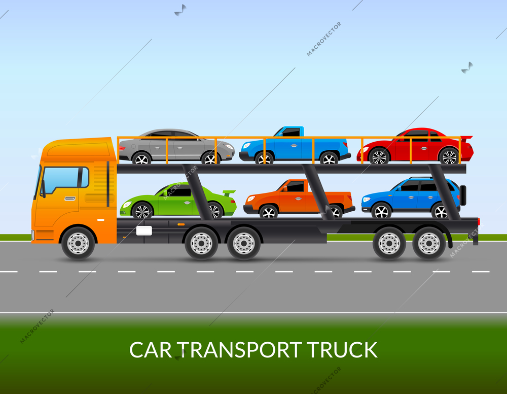 Car transport truck on the road with different types of cars flat vector illustration