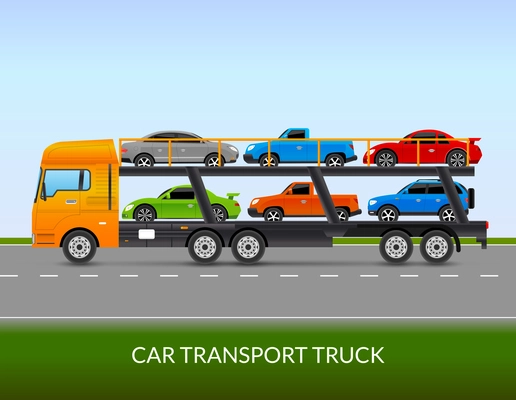 Car transport truck on the road with different types of cars flat vector illustration