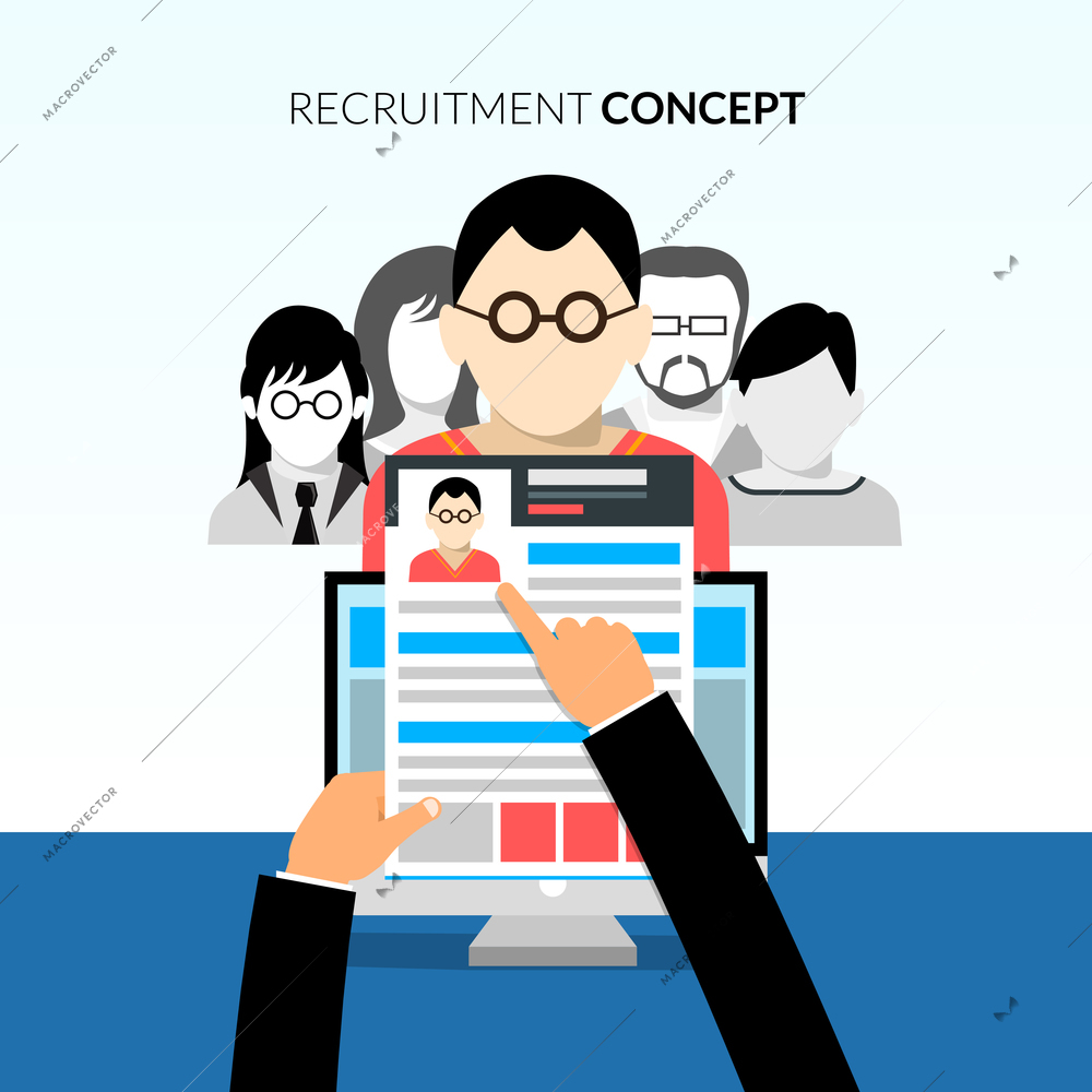 Recruiment flat concept with recruiter holding cv and candidates on background vector illustration