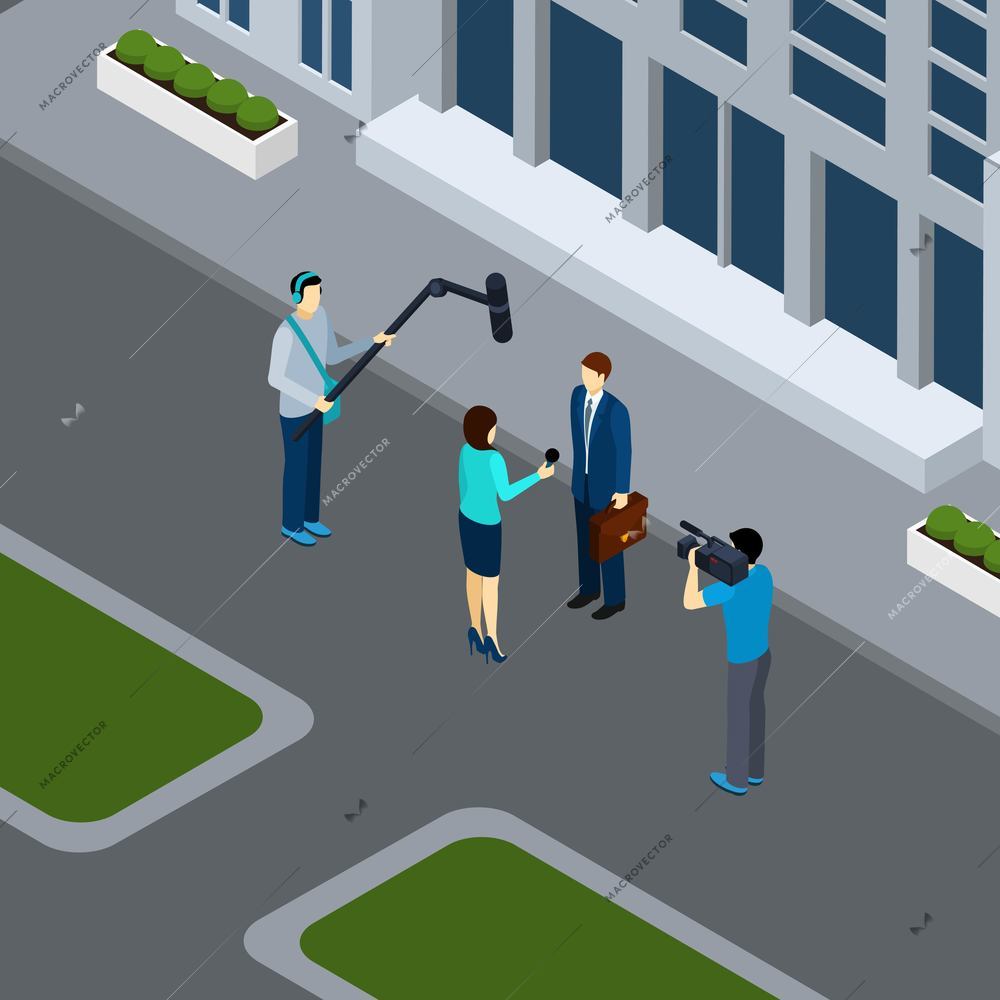 Journalist reporter taking live interview in the city center  with professional operator isometric banner abstract vector illustration