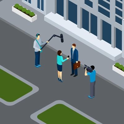 Journalist reporter taking live interview in the city center  with professional operator isometric banner abstract vector illustration