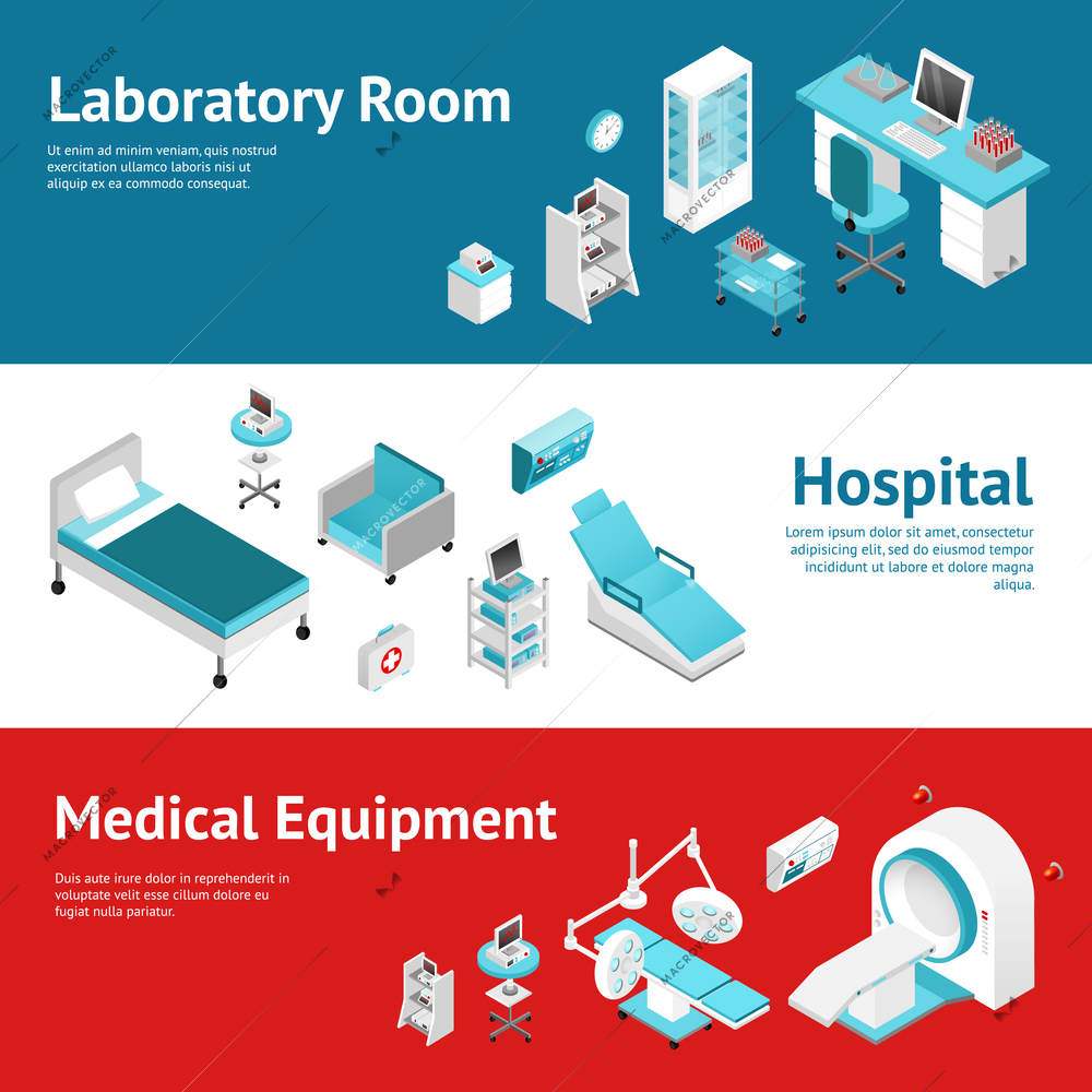 Hospital medical laboratory equipment 3 horizontal banners set with text and isometric pictograms abstract isolated vector llustration