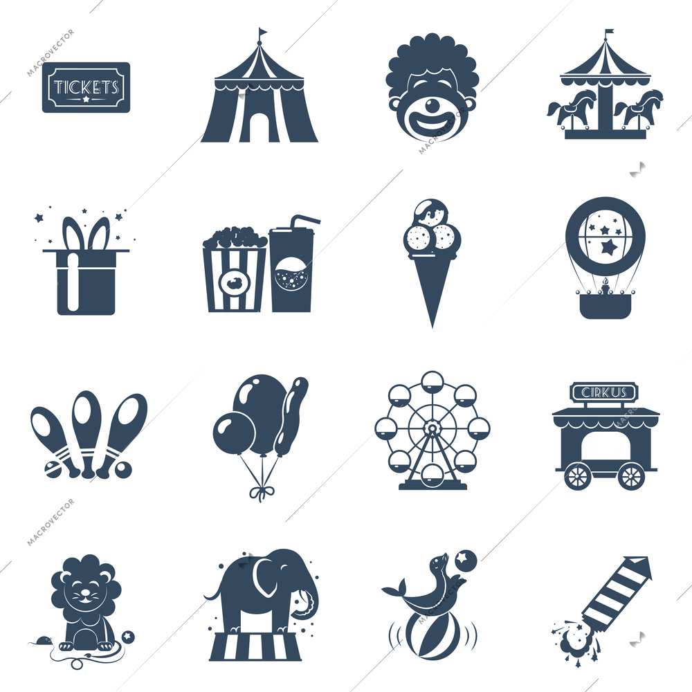 Circus black icons set with tickets tent clown attractions isolated vector illustration