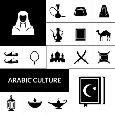 Arabic culture black icons set with east food and religion symbols isolated vector illustration