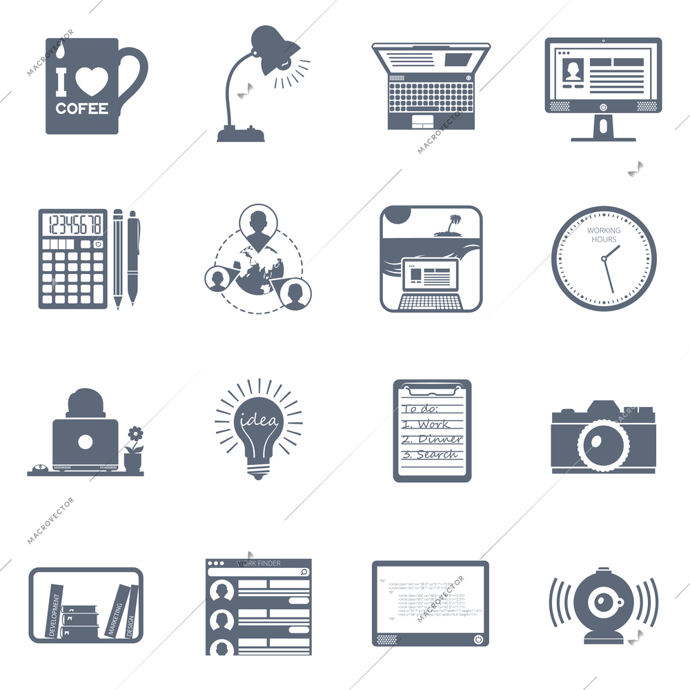 Freelance and remote work concept flat icon set isolated vector illustration