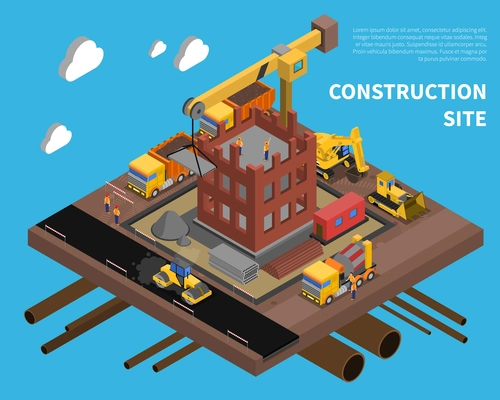 Construction site with building block of flats symbols on blue background isometric vector illustration