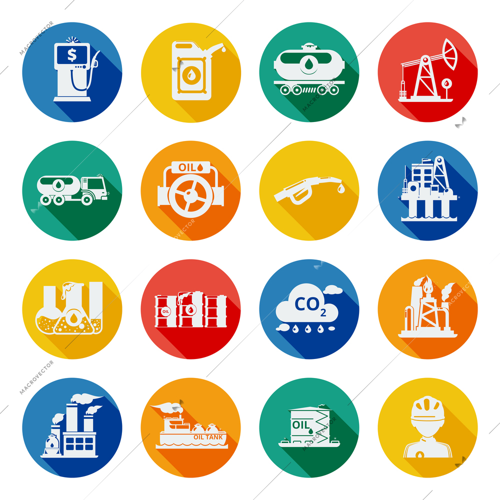 Oil industry icons flat set with fuel terminal symbols isolated vector illustration