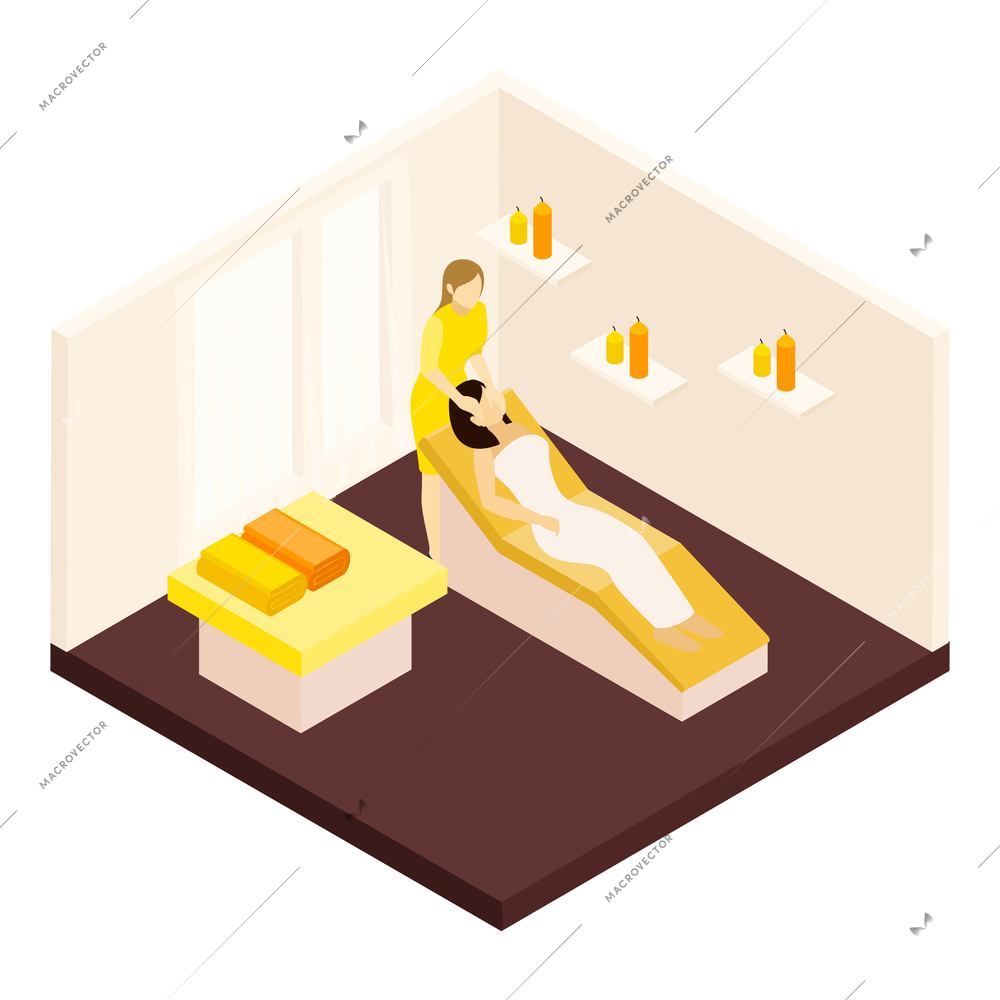 Face massage with towels and equipment and relaxing atmosphere isometric vector illustration