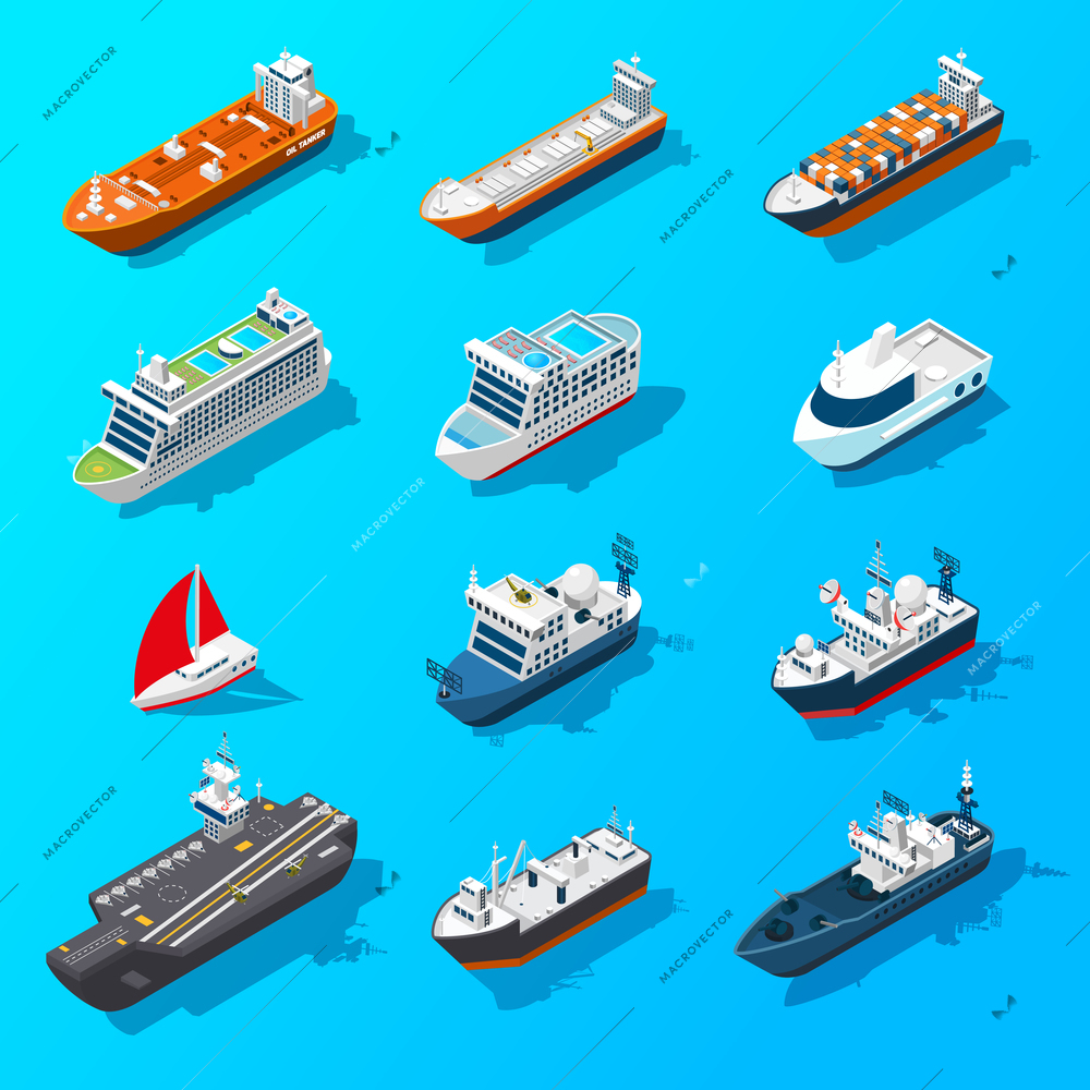 Ships motorboats sailing yachts and passenger vessels isometric icons set on water surface banner isolated vector illustration vector