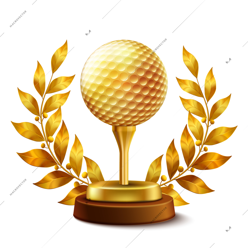 Shiny golden golf championship award with ball and laurel wreath