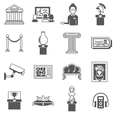 Museum decorative black icons set of ancient sculpture audio classical picture knight armor and museum caretaker isolated vector illustration