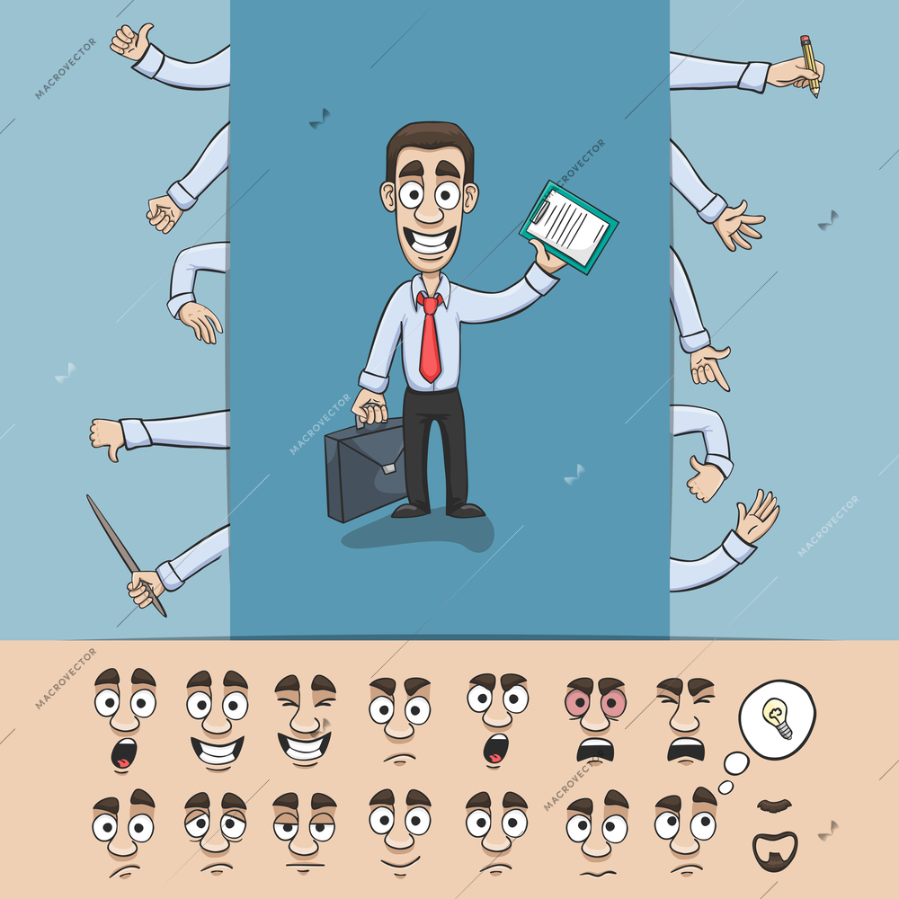 Business man character construction pack hand gestures and facial emotions design elements isolated vector illustration