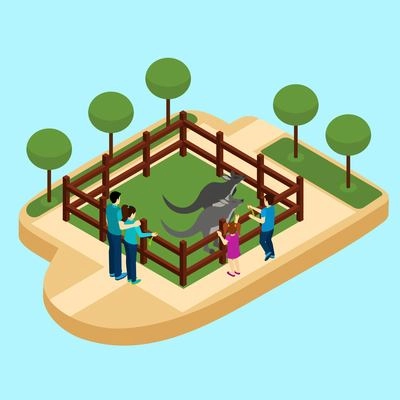 Zoo with family watching kangaroos on blue background isometric vector illustration
