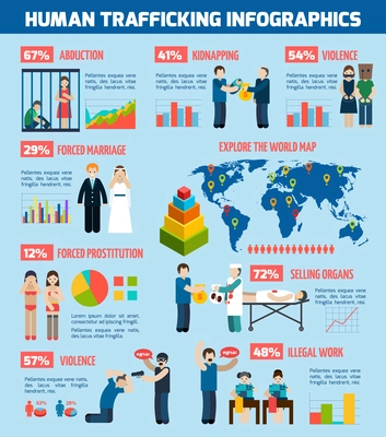 Global infographic report on human trafficking organized crime layout with diagrams and graphics analysis abstract illustration vector