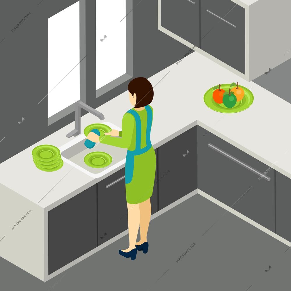 Woman washing the dishes in the kitchen by the window isometric vector illustration