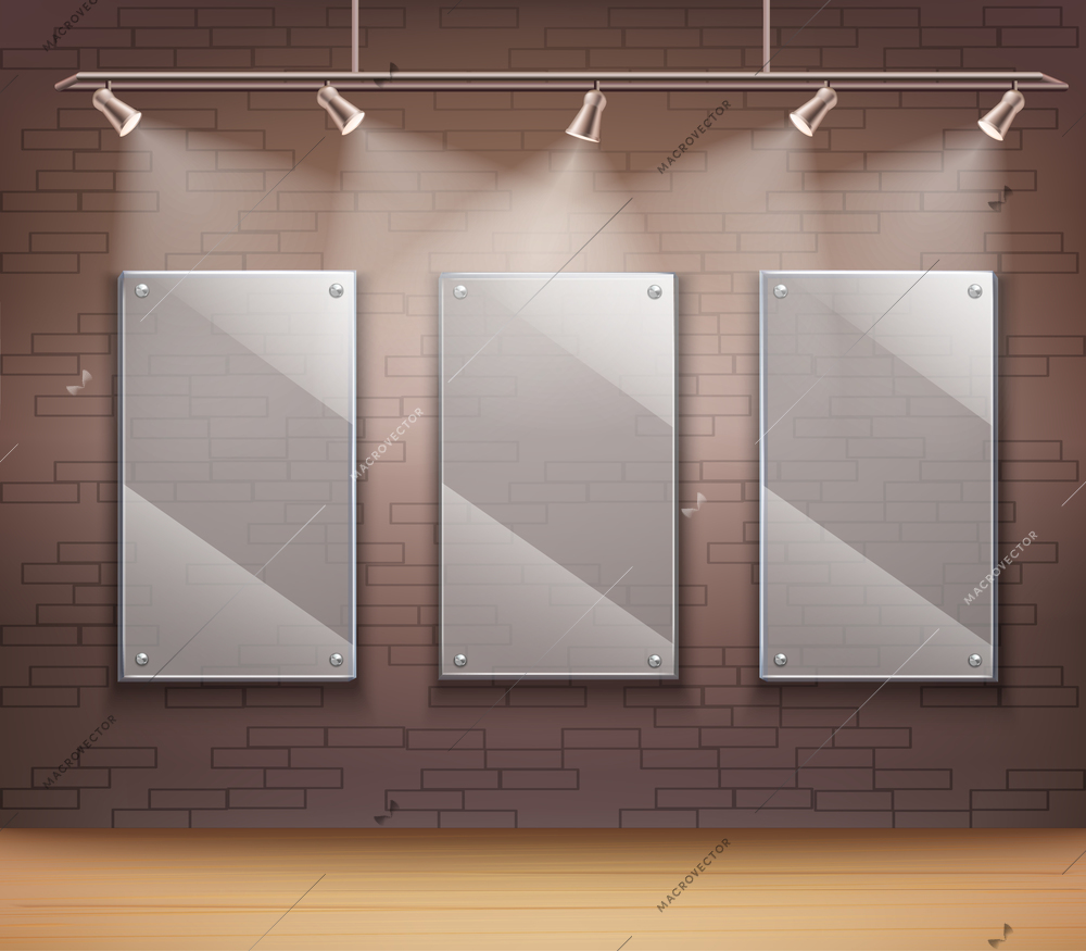 Gallery of 3 transparent glass frames on wall like background template for web design vector illustration