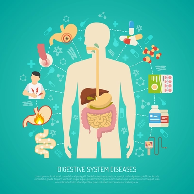 Digestive system diseases with human body on green background flat vector illustration