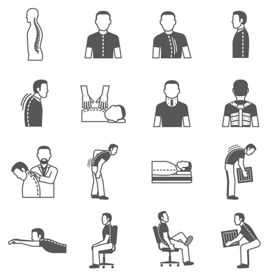 Prevention and treatment spine diseases  black isolated icons set vector illustration
