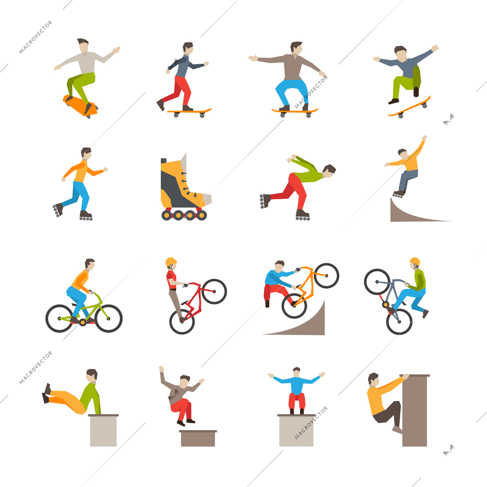 Flat isolated urban sport icons with people action in skateboarding rollerblading cycling parkour vector illustration