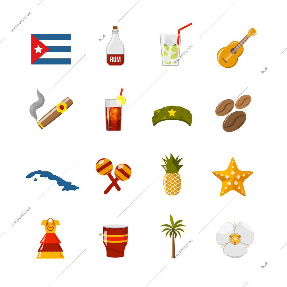 Flat color cuba icons with  state sovereignty elements national and cultural traditions and climate symbols isolated vector illustration