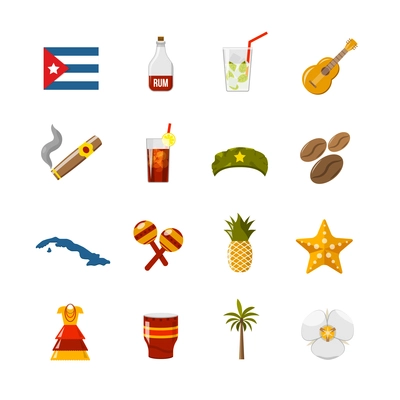 Flat color cuba icons with  state sovereignty elements national and cultural traditions and climate symbols isolated vector illustration