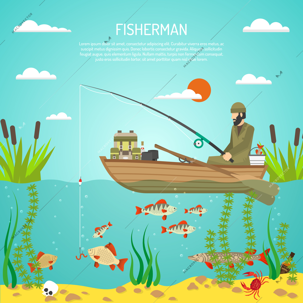 Flat color design concept with fisherman with spinning in boat reeds and fishes in lake flat vector illustration